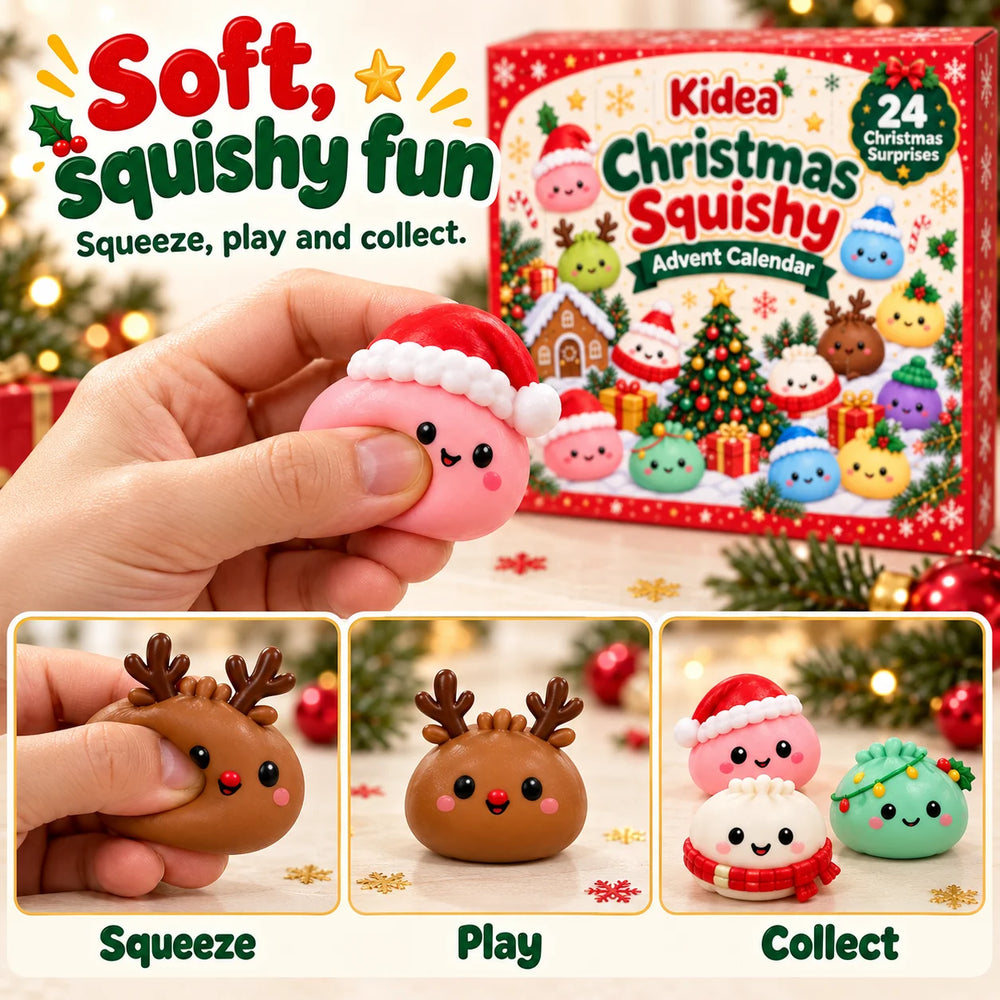 Et barn klemmer på en myk squishy med nisselue ved siden av Kideas julekalender